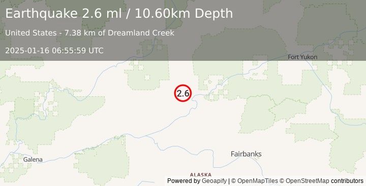 Earthquake 49 km NNW of Rampart, Alaska (2.6 ml) (2025-01-16 06:55:59 UTC)