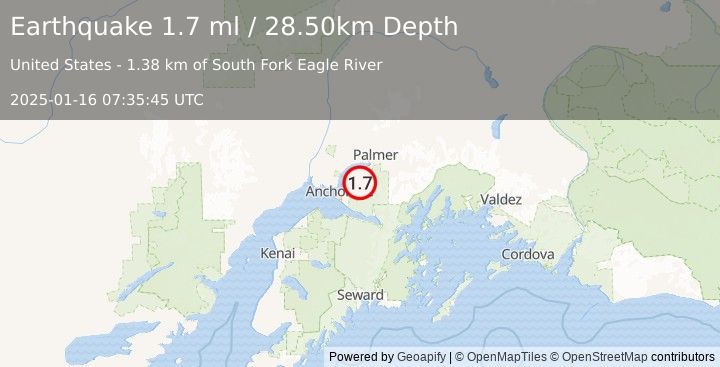 Earthquake 6 km ESE of Eagle River, Alaska (1.7 ml) (2025-01-16 07:35:45 UTC)