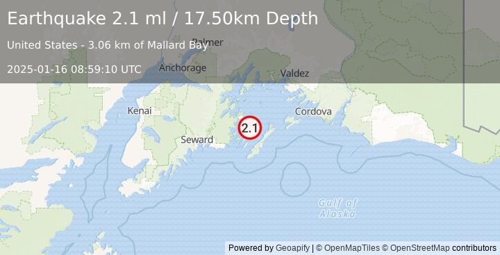 Earthquake 28 km NNE of Chenega, Alaska (2.1 ml) (2025-01-16 08:59:10 UTC)