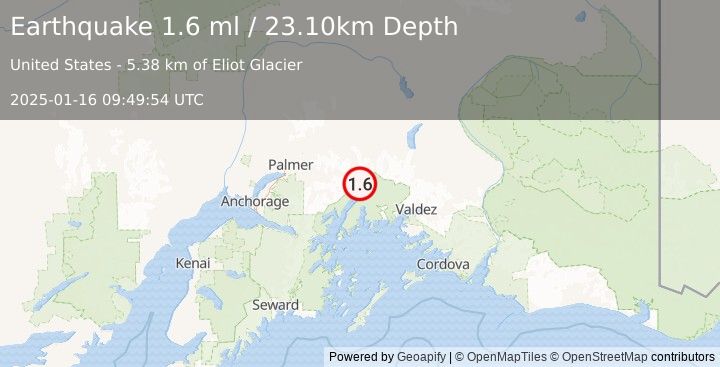 Earthquake 45 km S of Glacier View, Alaska (1.6 ml) (2025-01-16 09:49:54 UTC)