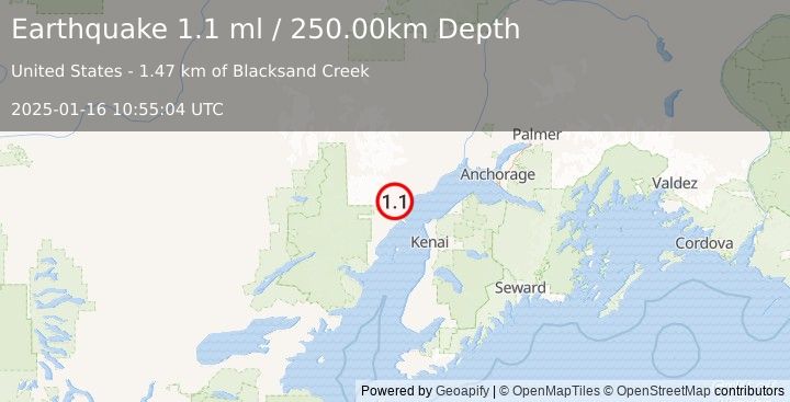 Earthquake 46 km WSW of Tyonek, Alaska (1.1 ml) (2025-01-16 10:55:04 UTC)