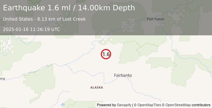 Earthquake 20 km W of Livengood, Alaska (1.6 ml) (2025-01-16 11:26:19 UTC)