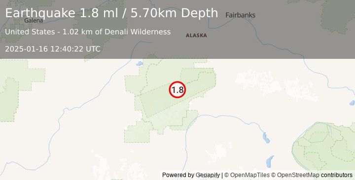 Earthquake 63 km ESE of Denali National Park, Alaska (1.8 ml) (2025-01-16 12:40:22 UTC)