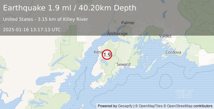 Earthquake 7 km SE of Funny River, Alaska (1.9 ml) (2025-01-16 13:17:13 UTC)