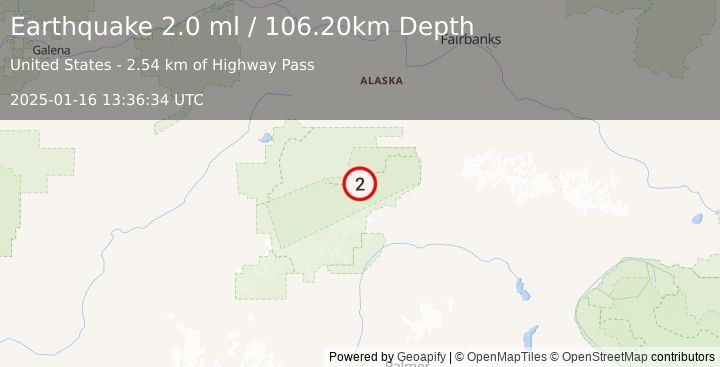 Earthquake 60 km W of Cantwell, Alaska (2.0 ml) (2025-01-16 13:36:34 UTC)