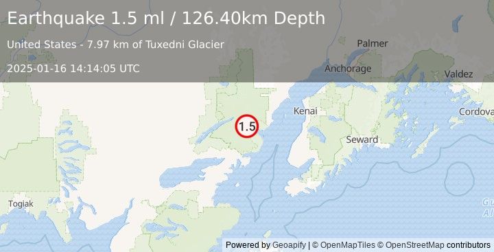 Earthquake 66 km E of Port Alsworth, Alaska (1.5 ml) (2025-01-16 14:14:05 UTC)