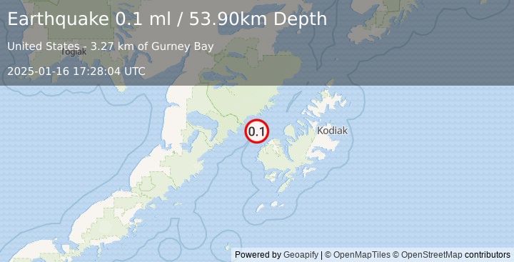 Earthquake 28 km NW of Karluk, Alaska (0.1 ml) (2025-01-16 17:28:04 UTC)