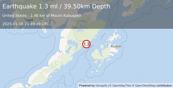 Earthquake 53 km NW of Karluk, Alaska (1.3 ml) (2025-01-16 21:49:49 UTC)