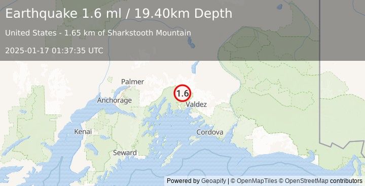 Earthquake 41 km NW of Valdez, Alaska (1.6 ml) (2025-01-17 01:37:35 UTC)