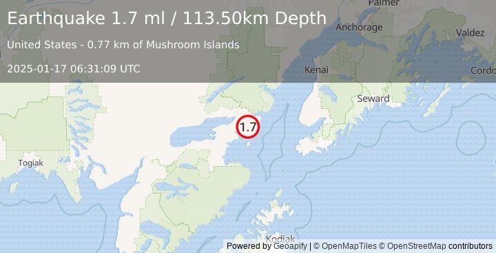 Earthquake 40 km ESE of Pedro Bay, Alaska (1.7 ml) (2025-01-17 06:31:09 UTC)