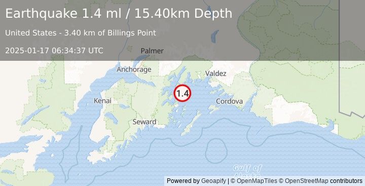 Earthquake 49 km E of Whittier, Alaska (1.4 ml) (2025-01-17 06:34:37 UTC)