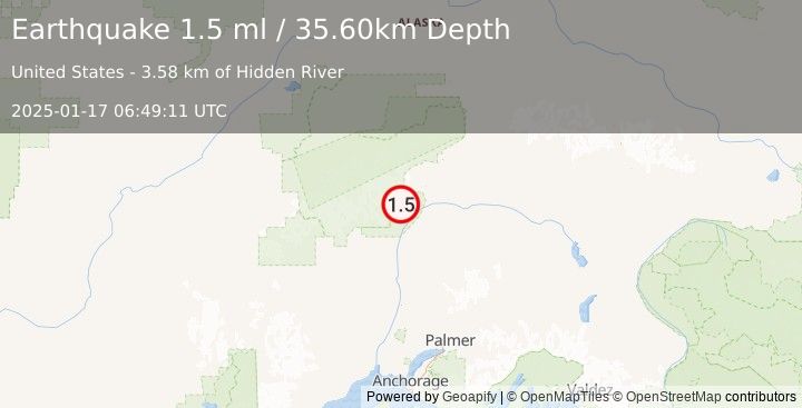 Earthquake 44 km N of Chase, Alaska (1.5 ml) (2025-01-17 06:49:11 UTC)