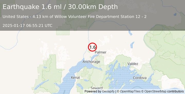 Earthquake 14 km ENE of Willow, Alaska (1.6 ml) (2025-01-17 06:55:21 UTC)