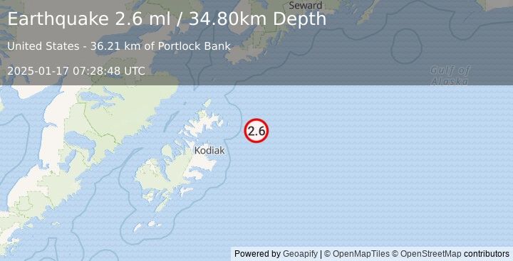 Earthquake 93 km ENE of Kodiak, Alaska (2.6 ml) (2025-01-17 07:28:48 UTC)