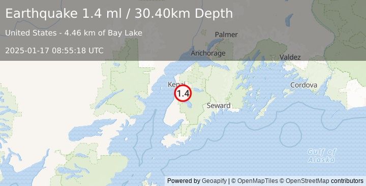 Earthquake 14 km SSE of Soldotna, Alaska (1.4 ml) (2025-01-17 08:55:18 UTC)