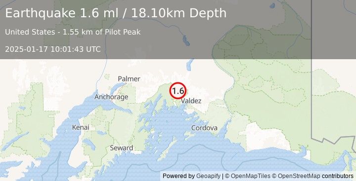 Earthquake 39 km NW of Valdez, Alaska (1.6 ml) (2025-01-17 10:01:43 UTC)