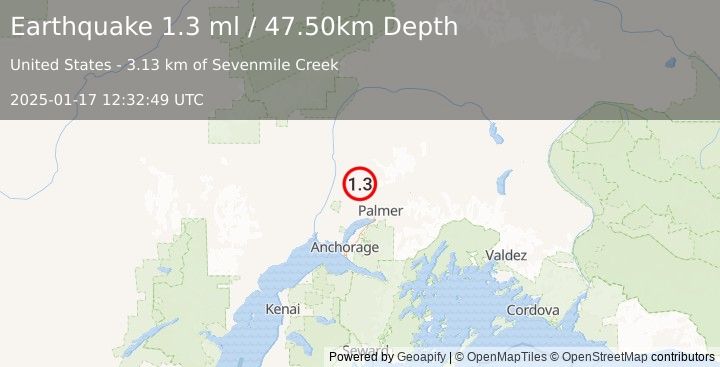 Earthquake 22 km NW of Fishhook, Alaska (1.3 ml) (2025-01-17 12:32:49 UTC)