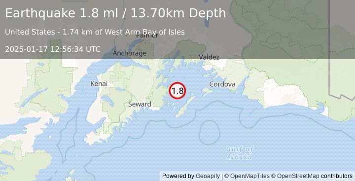 Earthquake 39 km NNE of Chenega, Alaska (1.8 ml) (2025-01-17 12:56:34 UTC)