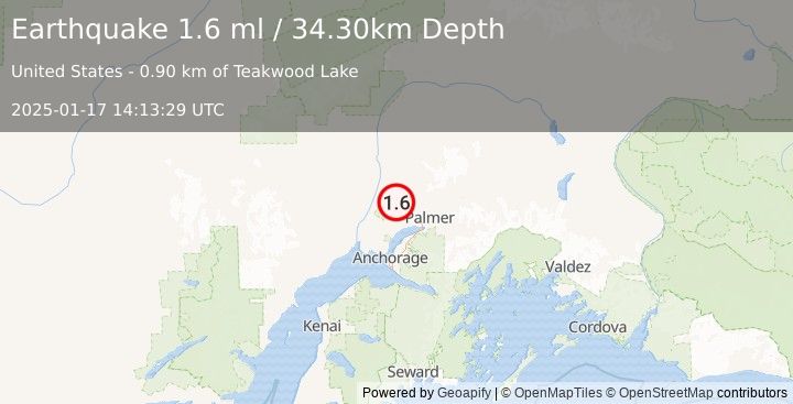 Earthquake 12 km N of Houston, Alaska (1.6 ml) (2025-01-17 14:13:29 UTC)