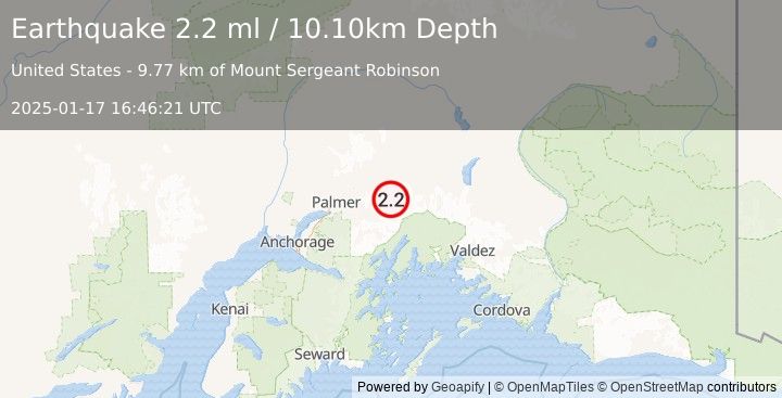 Earthquake 27 km SW of Glacier View, Alaska (2.2 ml) (2025-01-17 16:46:21 UTC)