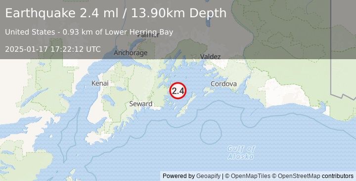 Earthquake 38 km NNE of Chenega, Alaska (2.4 ml) (2025-01-17 17:22:12 UTC)