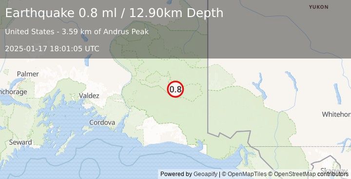 Earthquake 31 km SE of McCarthy, Alaska (0.8 ml) (2025-01-17 18:01:05 UTC)