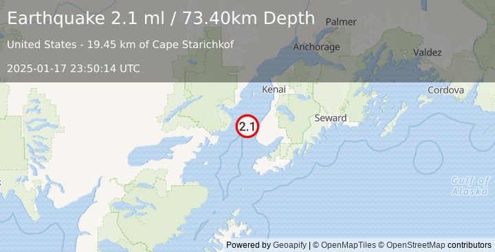 Earthquake 20 km W of Happy Valley, Alaska (2.1 ml) (2025-01-17 23:50:14 UTC)