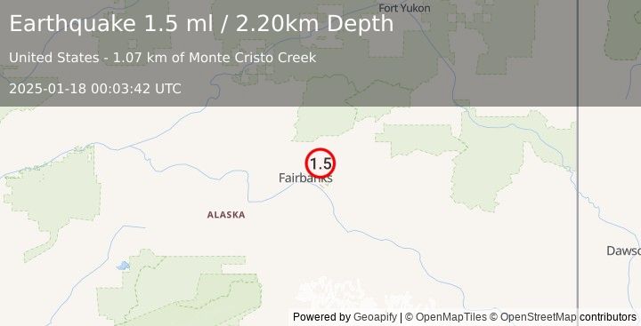 Earthquake 13 km ENE of Fox, Alaska (1.5 ml) (2025-01-18 00:03:42 UTC)