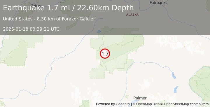 Earthquake 43 km S of Denali National Park, Alaska (1.7 ml) (2025-01-18 00:39:21 UTC)