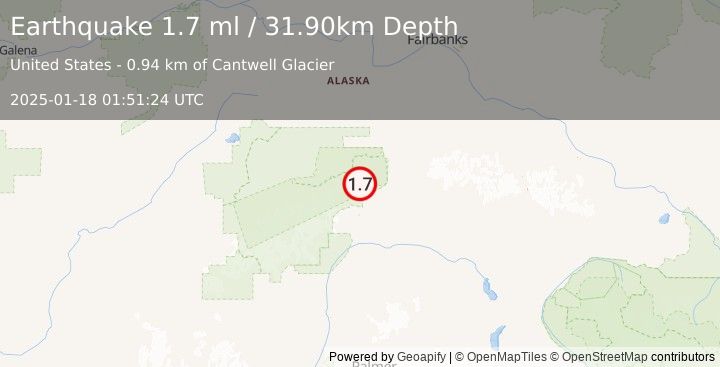 Earthquake 24 km WNW of Cantwell, Alaska (1.7 ml) (2025-01-18 01:51:24 UTC)