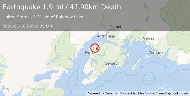 Earthquake 21 km N of Sterling, Alaska (1.9 ml) (2025-01-18 02:30:29 UTC)