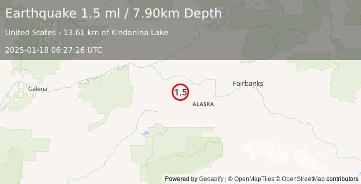 Earthquake 36 km S of Manley Hot Springs, Alaska (1.5 ml) (2025-01-18 06:27:26 UTC)