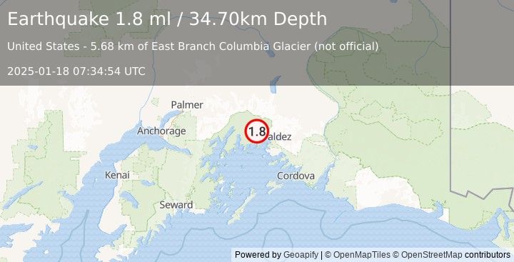 Earthquake 33 km WNW of Valdez, Alaska (1.8 ml) (2025-01-18 07:34:54 UTC)