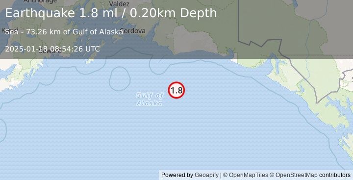 Earthquake 185 km SE of Cordova, Alaska (1.8 ml) (2025-01-18 08:54:26 UTC)