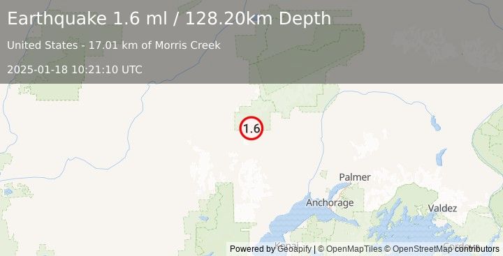 Earthquake 62 km NW of Skwentna, Alaska (1.6 ml) (2025-01-18 10:21:10 UTC)