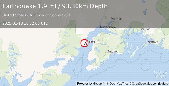 Earthquake 43 km WSW of Salamatof, Alaska (1.9 ml) (2025-01-18 16:52:06 UTC)