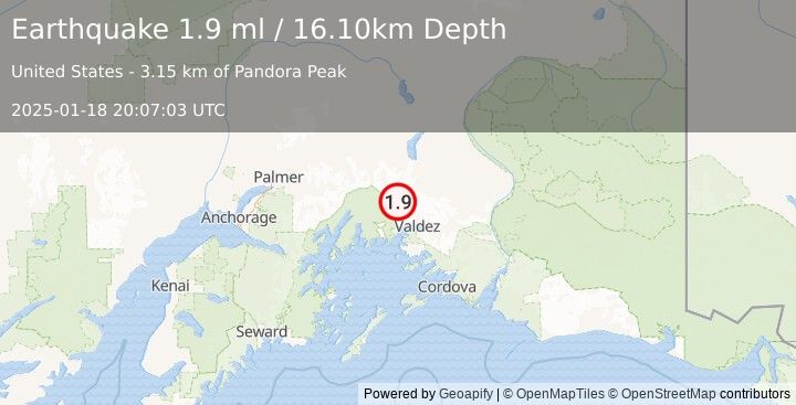 Earthquake 32 km NW of Valdez, Alaska (1.9 ml) (2025-01-18 20:07:03 UTC)