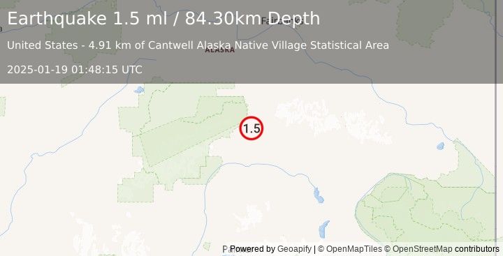 Earthquake 13 km ESE of Cantwell, Alaska (1.5 ml) (2025-01-19 01:48:15 UTC)