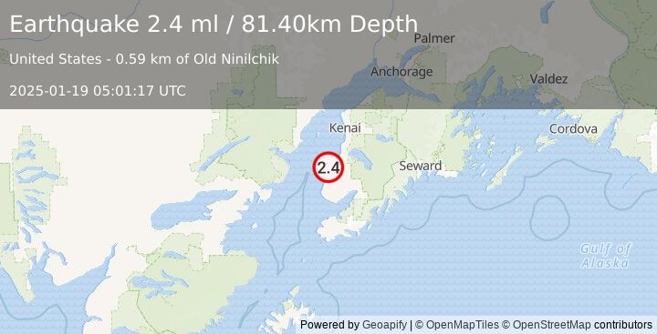 Earthquake 3 km N of Ninilchik, Alaska (2.4 ml) (2025-01-19 05:01:17 UTC)