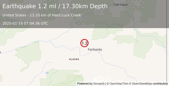 Earthquake 31 km ESE of Minto, Alaska (1.2 ml) (2025-01-19 07:04:36 UTC)