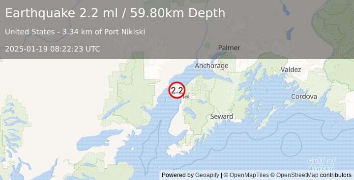 Earthquake 8 km W of Nikiski, Alaska (2.2 ml) (2025-01-19 08:22:23 UTC)