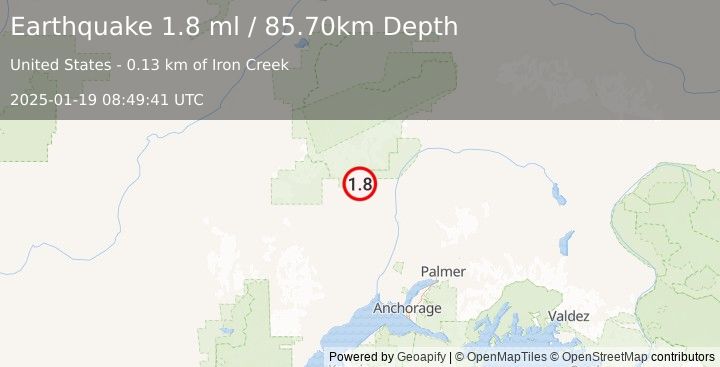 Earthquake 8 km W of Petersville, Alaska (1.8 ml) (2025-01-19 08:49:41 UTC)