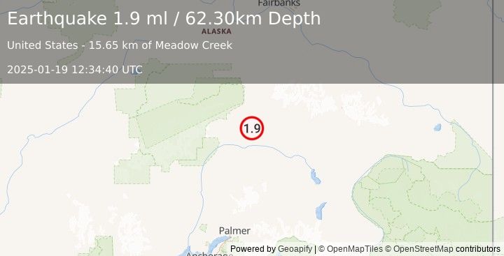 Earthquake 38 km SSE of Cantwell, Alaska (1.9 ml) (2025-01-19 12:34:40 UTC)