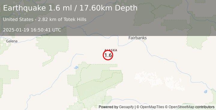 Earthquake 33 km W of Clear, Alaska (1.6 ml) (2025-01-19 16:50:41 UTC)