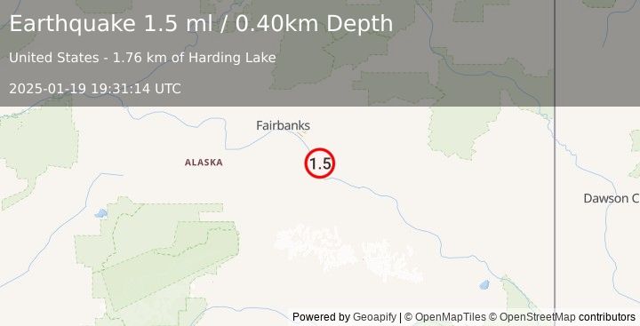 Earthquake 10 km SSE of Salcha, Alaska (1.5 ml) (2025-01-19 19:31:14 UTC)