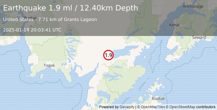 Earthquake 16 km NW of Igiugig, Alaska (1.9 ml) (2025-01-19 20:03:41 UTC)