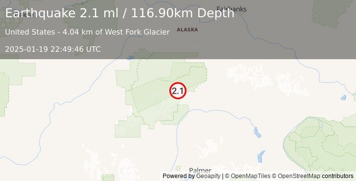 Earthquake 59 km WSW of Cantwell, Alaska (2.1 ml) (2025-01-19 22:49:46 UTC)