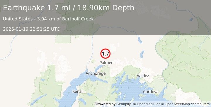 Earthquake 20 km NNE of Fishhook, Alaska (1.7 ml) (2025-01-19 22:51:25 UTC)