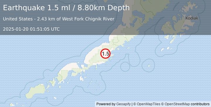 Earthquake 11 km NW of Chignik Lake, Alaska (1.5 ml) (2025-01-20 01:51:05 UTC)