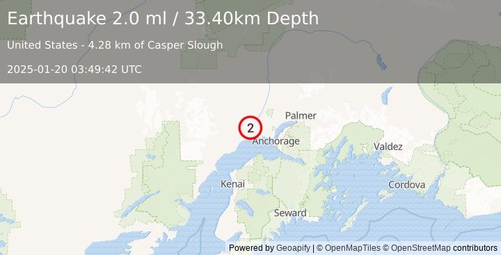 Earthquake 17 km SW of Susitna, Alaska (2.0 ml) (2025-01-20 03:49:42 UTC)